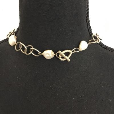 Vintage genuine Baroque pearl is Silver tone oval necklace with toggle clasp