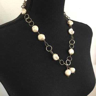 Vintage genuine Baroque pearl is Silver tone oval necklace with toggle clasp