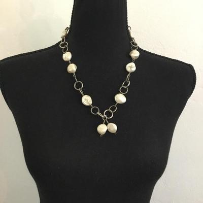 Vintage genuine Baroque pearl is Silver tone oval necklace with toggle clasp