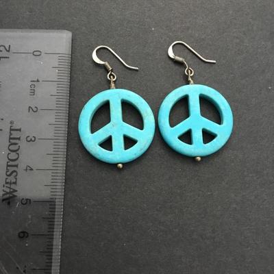 Cute faux turquoise stone peace, sign, dangle earrings