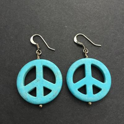 Cute faux turquoise stone peace, sign, dangle earrings