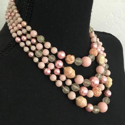 Beautiful, vintage, multi strand light, pink beaded choker collar necklace