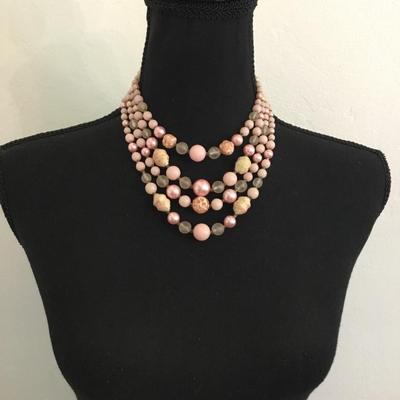 Beautiful, vintage, multi strand light, pink beaded choker collar necklace