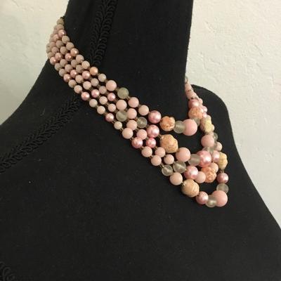 Beautiful, vintage, multi strand light, pink beaded choker collar necklace