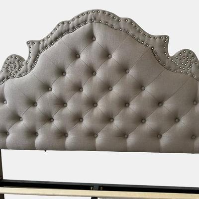 Sale Photo Thumbnail #244: Button-tufted headboard and decorative nailhead trim. See photos of mark on top right of the headboard and middle of the foot board.

Dimensions: 52” tall x 56.5”  x 80”