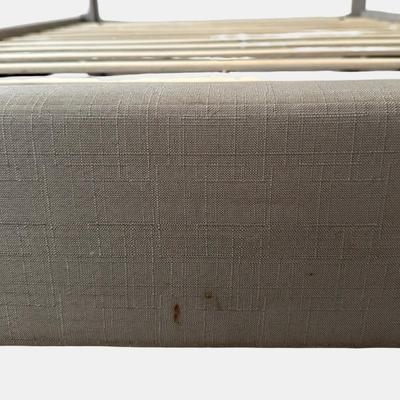 Sale Photo Thumbnail #242: Button-tufted headboard and decorative nailhead trim. See photos of mark on top right of the headboard and middle of the foot board.

Dimensions: 52” tall x 56.5”  x 80”