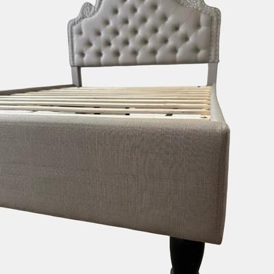 Sale Photo Thumbnail #241: Button-tufted headboard and decorative nailhead trim. See photos of mark on top right of the headboard and middle of the foot board.

Dimensions: 52” tall x 56.5”  x 80”