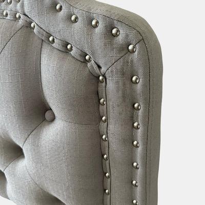 Sale Photo Thumbnail #243: Button-tufted headboard and decorative nailhead trim. See photos of mark on top right of the headboard and middle of the foot board.

Dimensions: 52” tall x 56.5”  x 80”