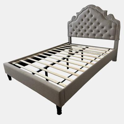 Sale Photo Thumbnail #240: Button-tufted headboard and decorative nailhead trim. See photos of mark on top right of the headboard and middle of the foot board.

Dimensions: 52” tall x 56.5”  x 80”