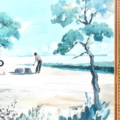 Bamboo Matted Watercolor Beach house Painting - C. Cummings 1978
