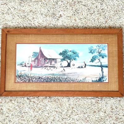 Bamboo Matted Watercolor Beach house Painting - C. Cummings 1978