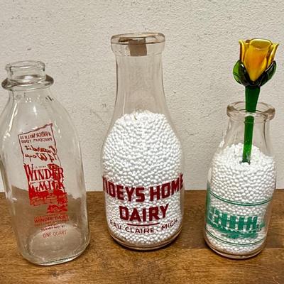 Lot of 3 Glass Milk Bottles = Tideys Home Dairy Winder Dairy Jensen Dairy