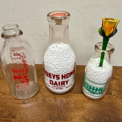 Lot of 3 Glass Milk Bottles = Tideys Home Dairy Winder Dairy Jensen Dairy