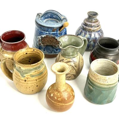 Lot of 8 Sculpted Stoneware Mugs and Pots