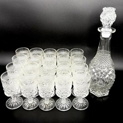 Vintage Anchor Hocking Wexford Decanter Set with 20 Glasses