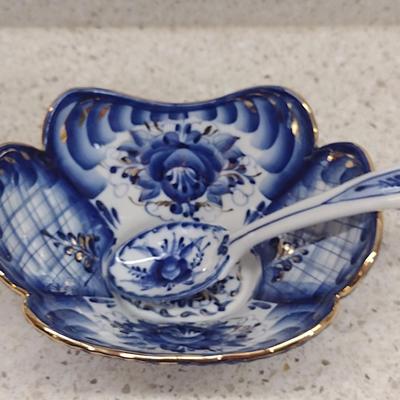 Gzhel Russian Porcelain Bowl with Spoon