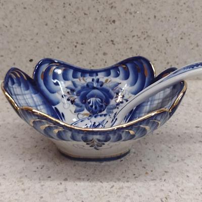 Gzhel Russian Porcelain Bowl with Spoon