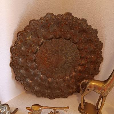 BRASS HAMMERED WALL HANGING, 2 GIRAFFES, AN ELEPHANT ON A SWING AND A KANGAROO