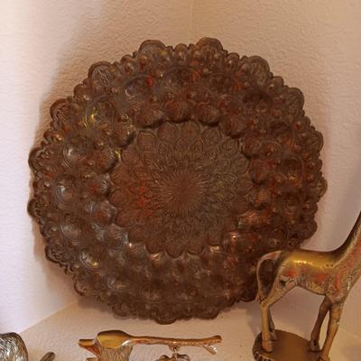BRASS HAMMERED WALL HANGING, 2 GIRAFFES, AN ELEPHANT ON A SWING AND A KANGAROO