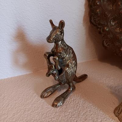 BRASS HAMMERED WALL HANGING, 2 GIRAFFES, AN ELEPHANT ON A SWING AND A KANGAROO