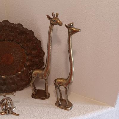 BRASS HAMMERED WALL HANGING, 2 GIRAFFES, AN ELEPHANT ON A SWING AND A KANGAROO