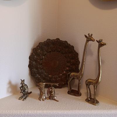 BRASS HAMMERED WALL HANGING, 2 GIRAFFES, AN ELEPHANT ON A SWING AND A KANGAROO