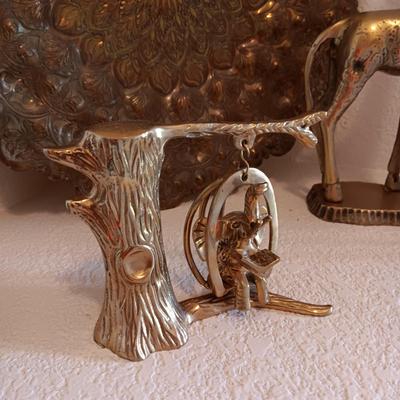 BRASS HAMMERED WALL HANGING, 2 GIRAFFES, AN ELEPHANT ON A SWING AND A KANGAROO