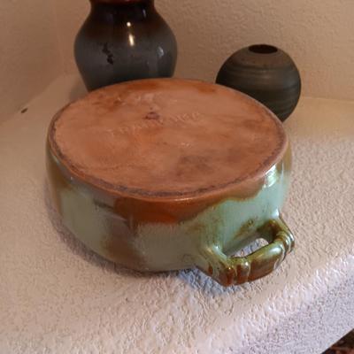 FRANKOMA BEAN POT, POTTERY CRAFT VASE AND A NEKER GLASS VESSEL MADE IN JERUSALEM