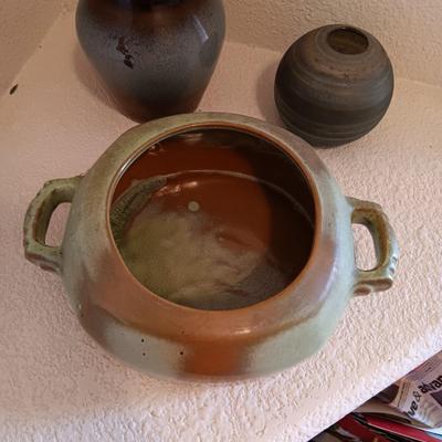 FRANKOMA BEAN POT, POTTERY CRAFT VASE AND A NEKER GLASS VESSEL MADE IN JERUSALEM