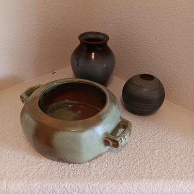 FRANKOMA BEAN POT, POTTERY CRAFT VASE AND A NEKER GLASS VESSEL MADE IN JERUSALEM