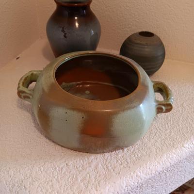 FRANKOMA BEAN POT, POTTERY CRAFT VASE AND A NEKER GLASS VESSEL MADE IN JERUSALEM