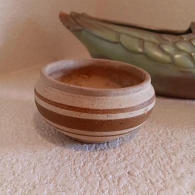 FRANKOMA DUCK AND 2 SMALL CLAY POTS