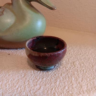 FRANKOMA DUCK AND 2 SMALL CLAY POTS