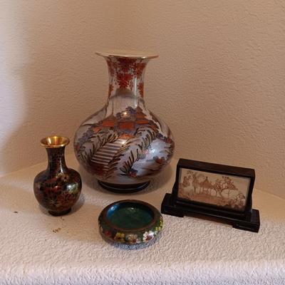 CLOISONNE VASE AND SMALL BOWL, GORGEOUS SATSUMA VASE AND A CARVED CORK DIORAMA