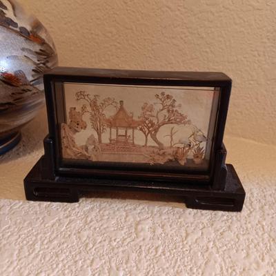 CLOISONNE VASE AND SMALL BOWL, GORGEOUS SATSUMA VASE AND A CARVED CORK DIORAMA