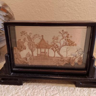 CLOISONNE VASE AND SMALL BOWL, GORGEOUS SATSUMA VASE AND A CARVED CORK DIORAMA