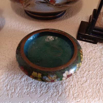 CLOISONNE VASE AND SMALL BOWL, GORGEOUS SATSUMA VASE AND A CARVED CORK DIORAMA