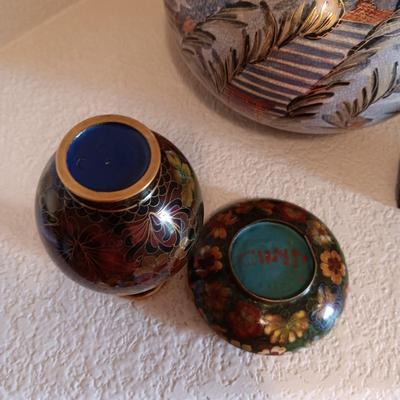 CLOISONNE VASE AND SMALL BOWL, GORGEOUS SATSUMA VASE AND A CARVED CORK DIORAMA