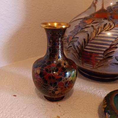 CLOISONNE VASE AND SMALL BOWL, GORGEOUS SATSUMA VASE AND A CARVED CORK DIORAMA