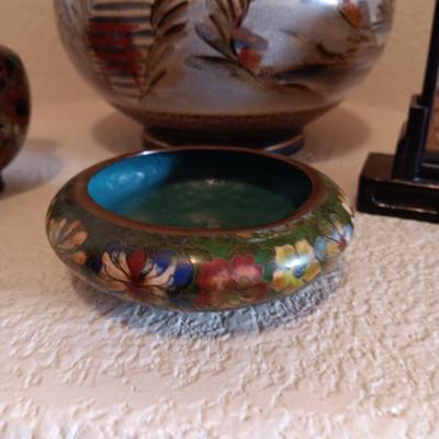 CLOISONNE VASE AND SMALL BOWL, GORGEOUS SATSUMA VASE AND A CARVED CORK DIORAMA