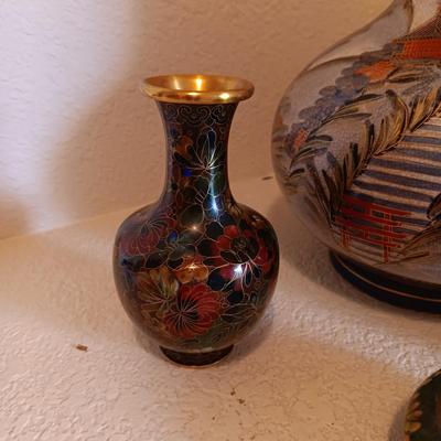 CLOISONNE VASE AND SMALL BOWL, GORGEOUS SATSUMA VASE AND A CARVED CORK DIORAMA