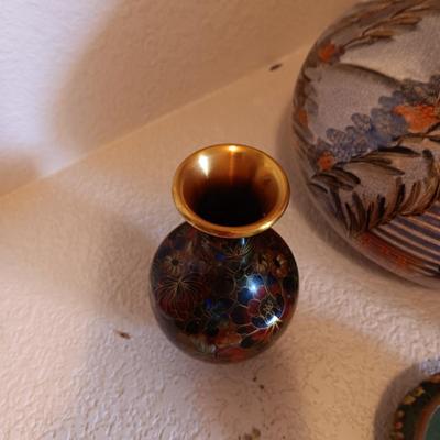 CLOISONNE VASE AND SMALL BOWL, GORGEOUS SATSUMA VASE AND A CARVED CORK DIORAMA