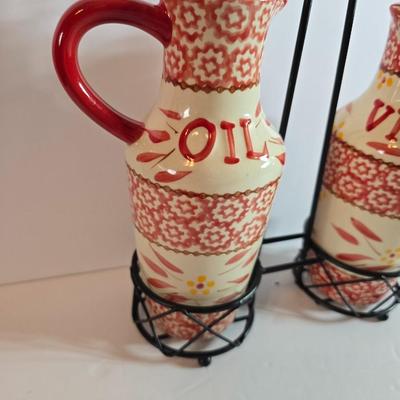 Temp-tations Old World Red Oil & Vinegar Cruet Set with Salt & Pepper Shakers + Trivet