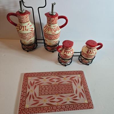 Temp-tations Old World Red Oil & Vinegar Cruet Set with Salt & Pepper Shakers + Trivet