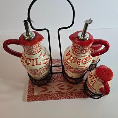 Temp-tations Old World Red Oil & Vinegar Cruet Set with Salt & Pepper Shakers + Trivet