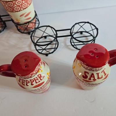 Temp-tations Old World Red Oil & Vinegar Cruet Set with Salt & Pepper Shakers + Trivet