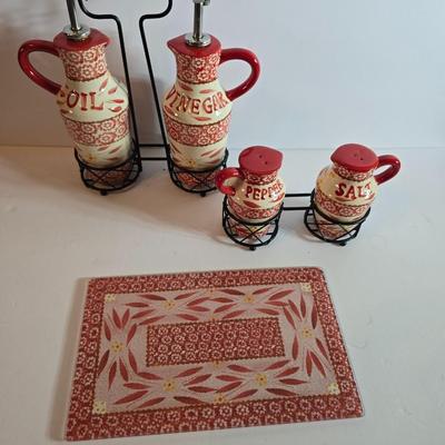 Temp-tations Old World Red Oil & Vinegar Cruet Set with Salt & Pepper Shakers + Trivet