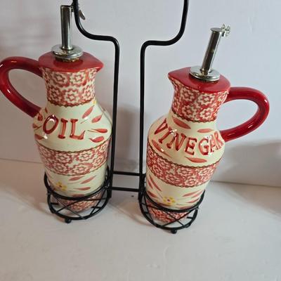 Temp-tations Old World Red Oil & Vinegar Cruet Set with Salt & Pepper Shakers + Trivet