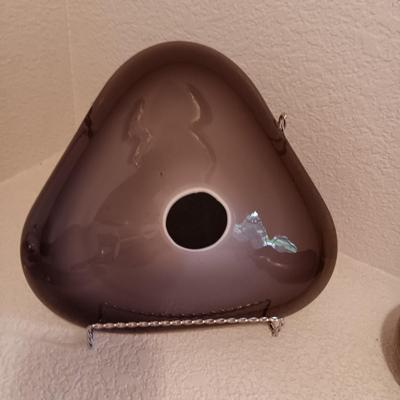 PURPLE ART GLASS BOWL, SMALL BRASS BOWL AND A GINGER JAR WITH A PEACOCK