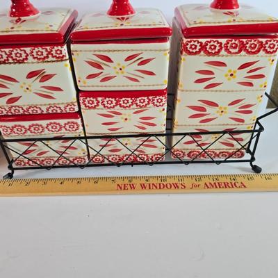 Three-piece Temptations Old World Red Canister Set with Metal Rack – and matching cookie Jar
